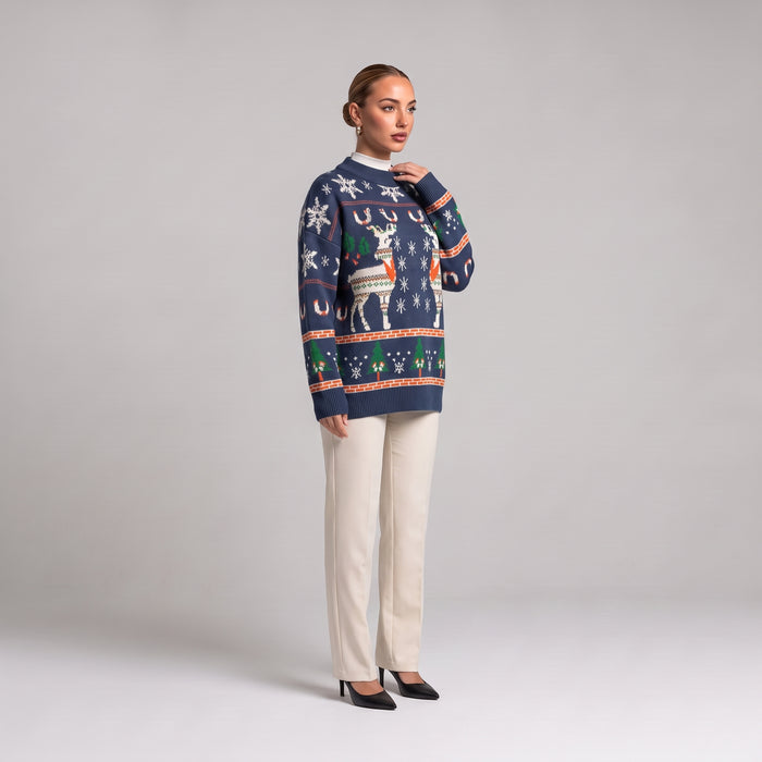 Navy oversized Christmas jumper side view, worn with cream trousers