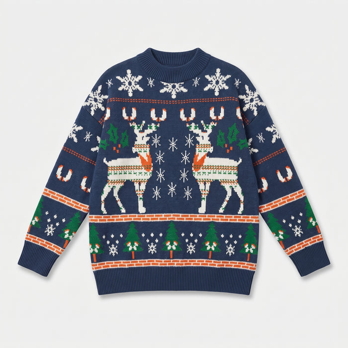 Navy reindeer Christmas jumper laid flat, full front pattern