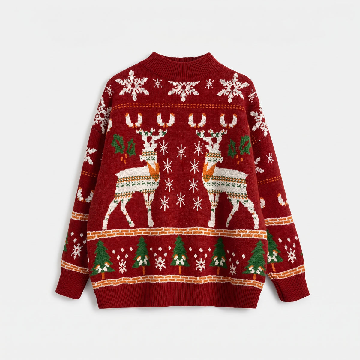 Red reindeer Christmas jumper laid flat, full front pattern
