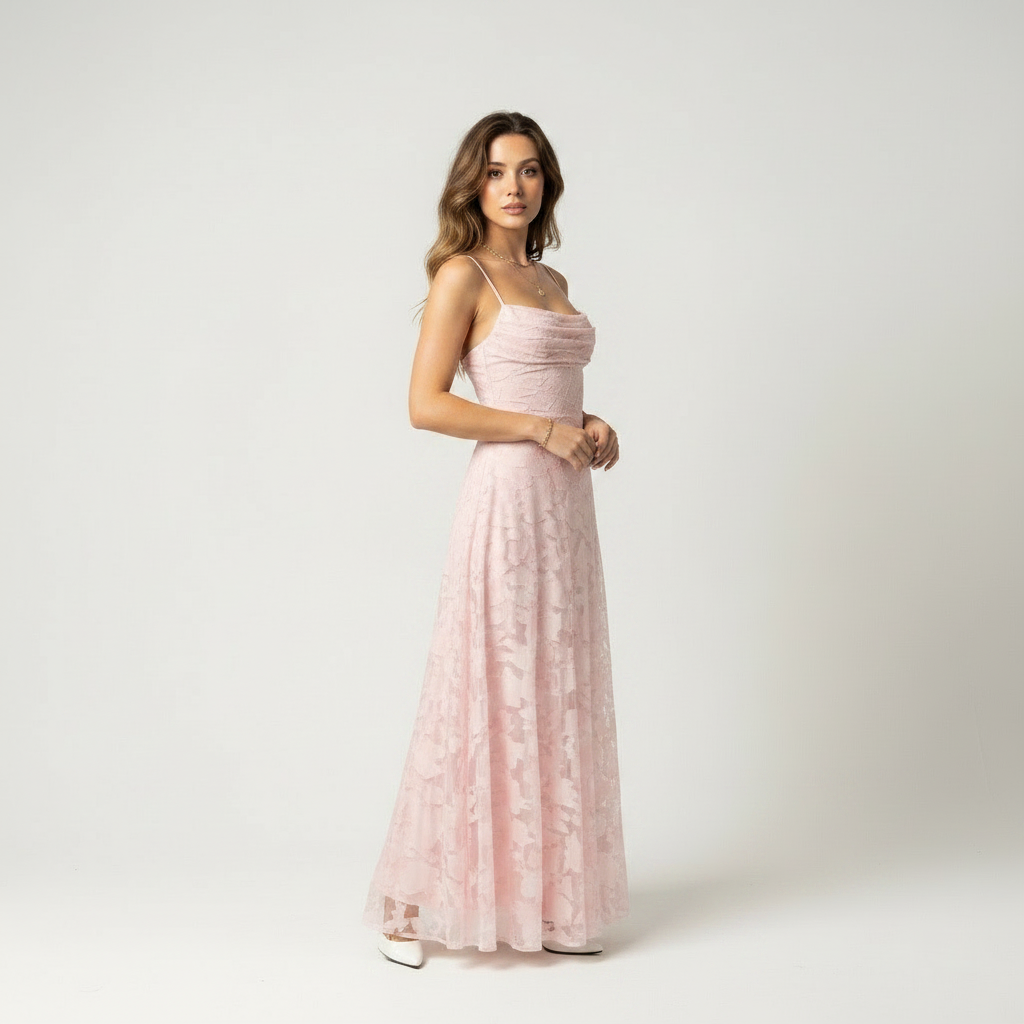 Pink lace corset maxi dress