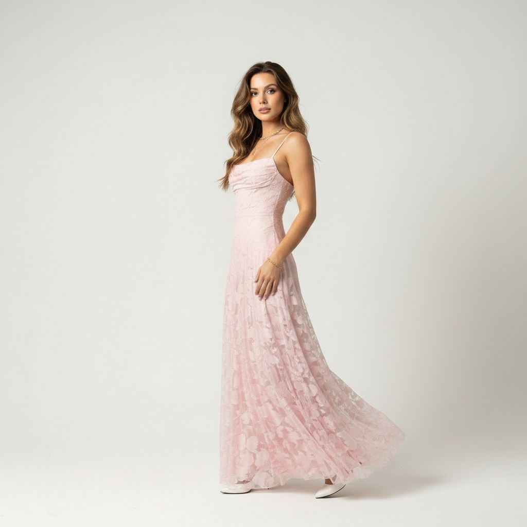 Pink lace corset maxi dress