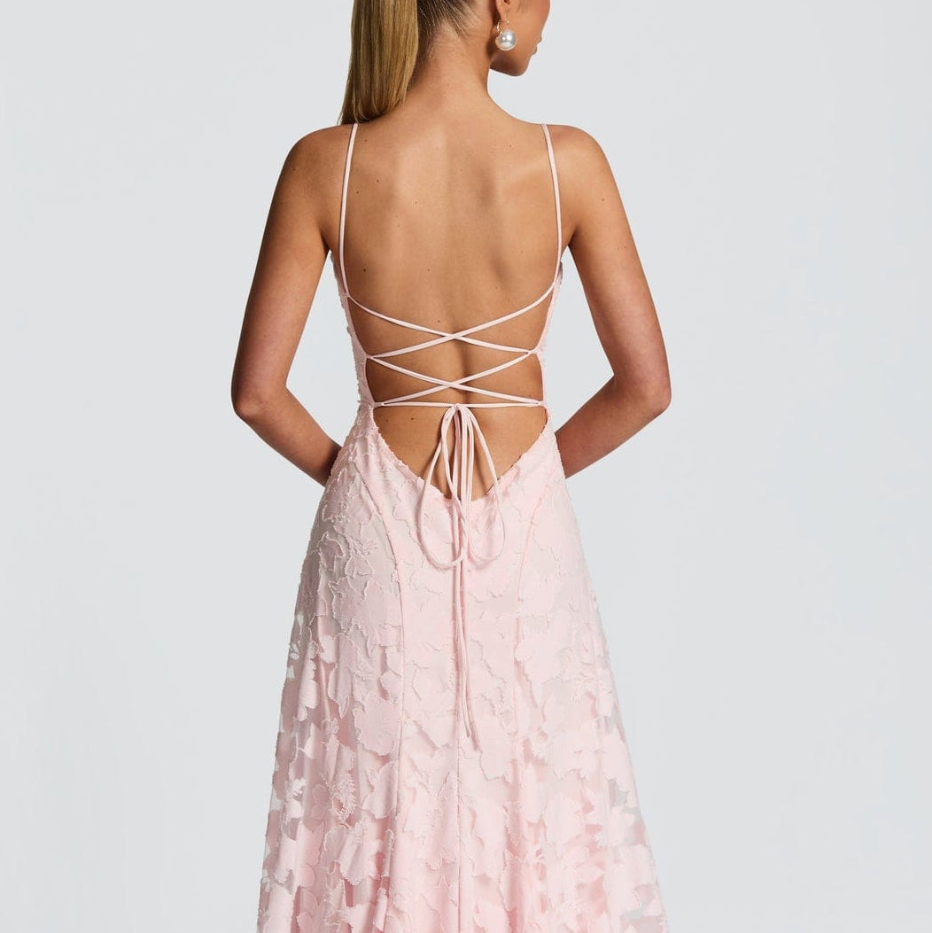 Pink lace maxi dress, full look