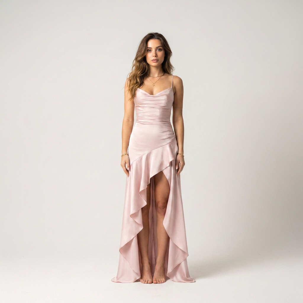 Pink maxi dress with high slit and ruffle hem
