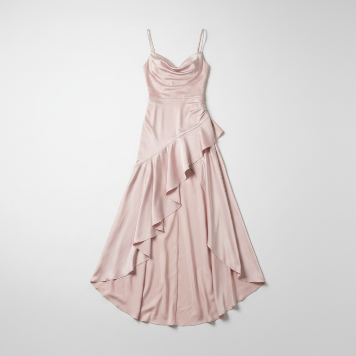 Pink maxi dress with high slit and ruffle hem
