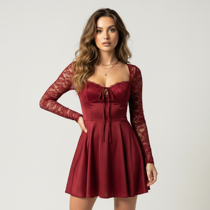 Red floral lace mini dress with sheer long sleeves