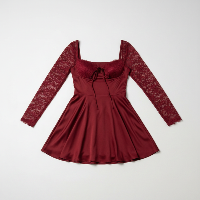 Red floral lace mini dress with sheer long sleeves