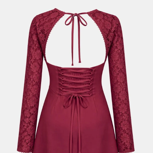 Red floral lace mini dress with sheer long sleeves
