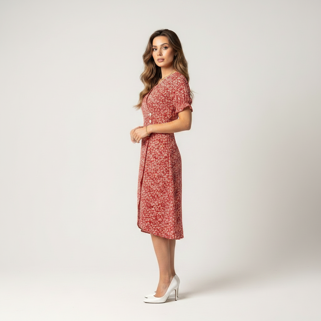 Red floral wrap midi dress with v neck and button front