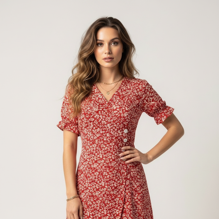 Red floral wrap midi dress with v neck and button front