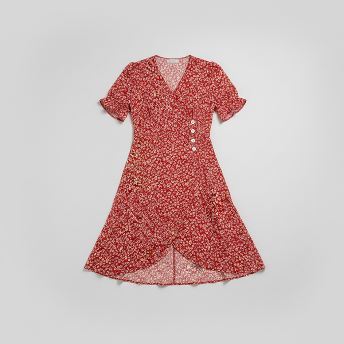 Red floral wrap midi dress with v neck and button front