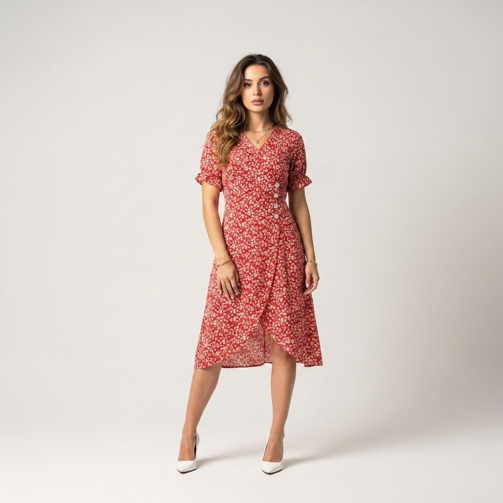 Red floral wrap midi dress with v neck and button front