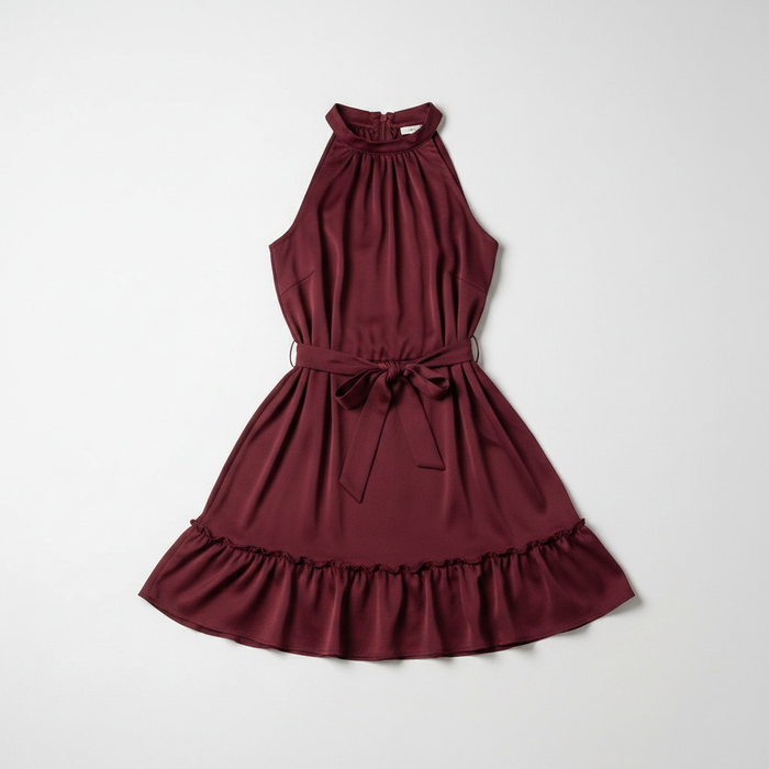 Red halter neck mini dress with tie waist