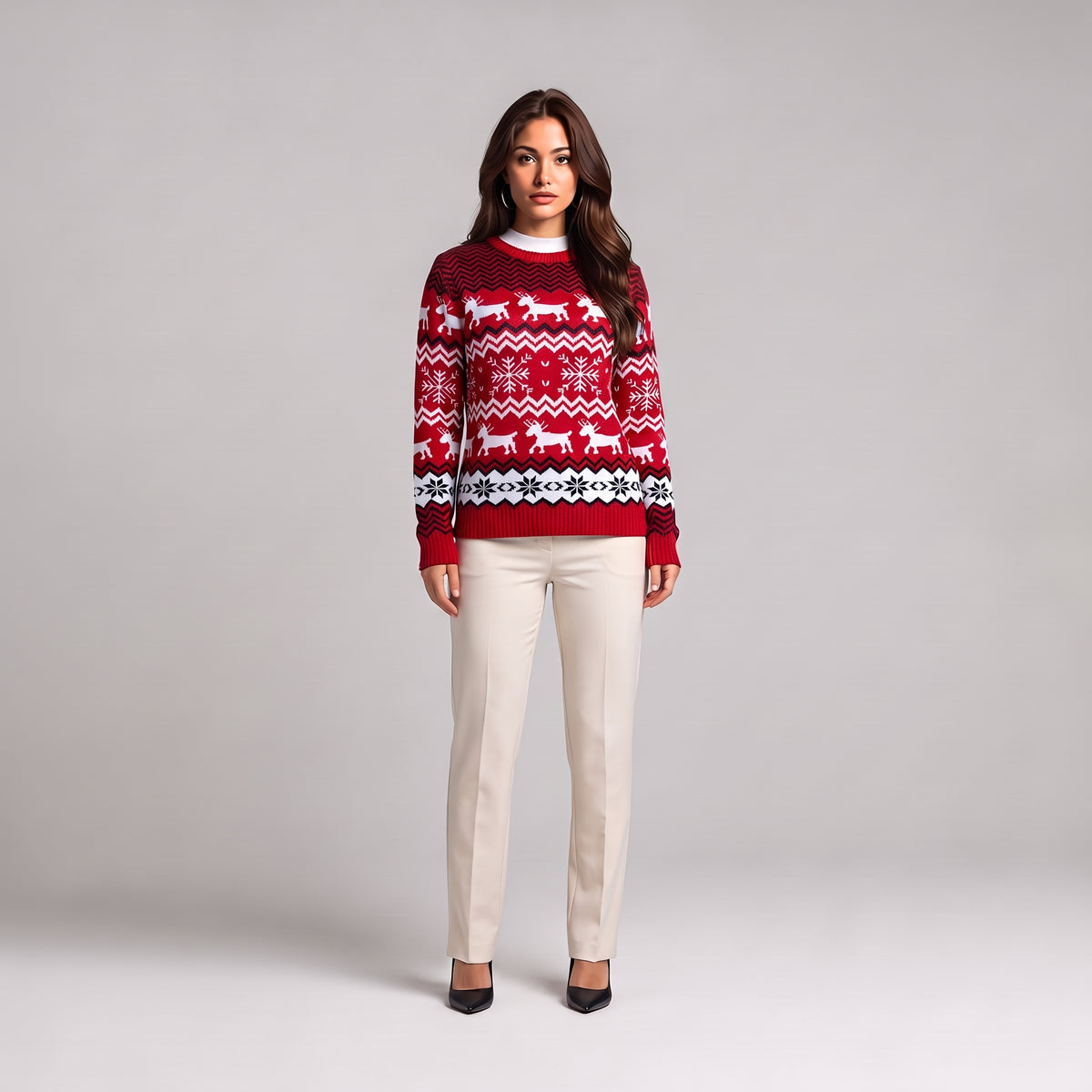 Red reindeer Christmas jumper with crew neck, front view on model