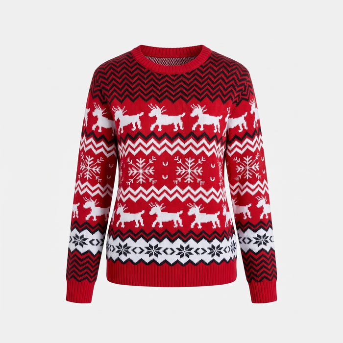 Red reindeer Christmas jumper laid flat, full pattern and ribbed hem