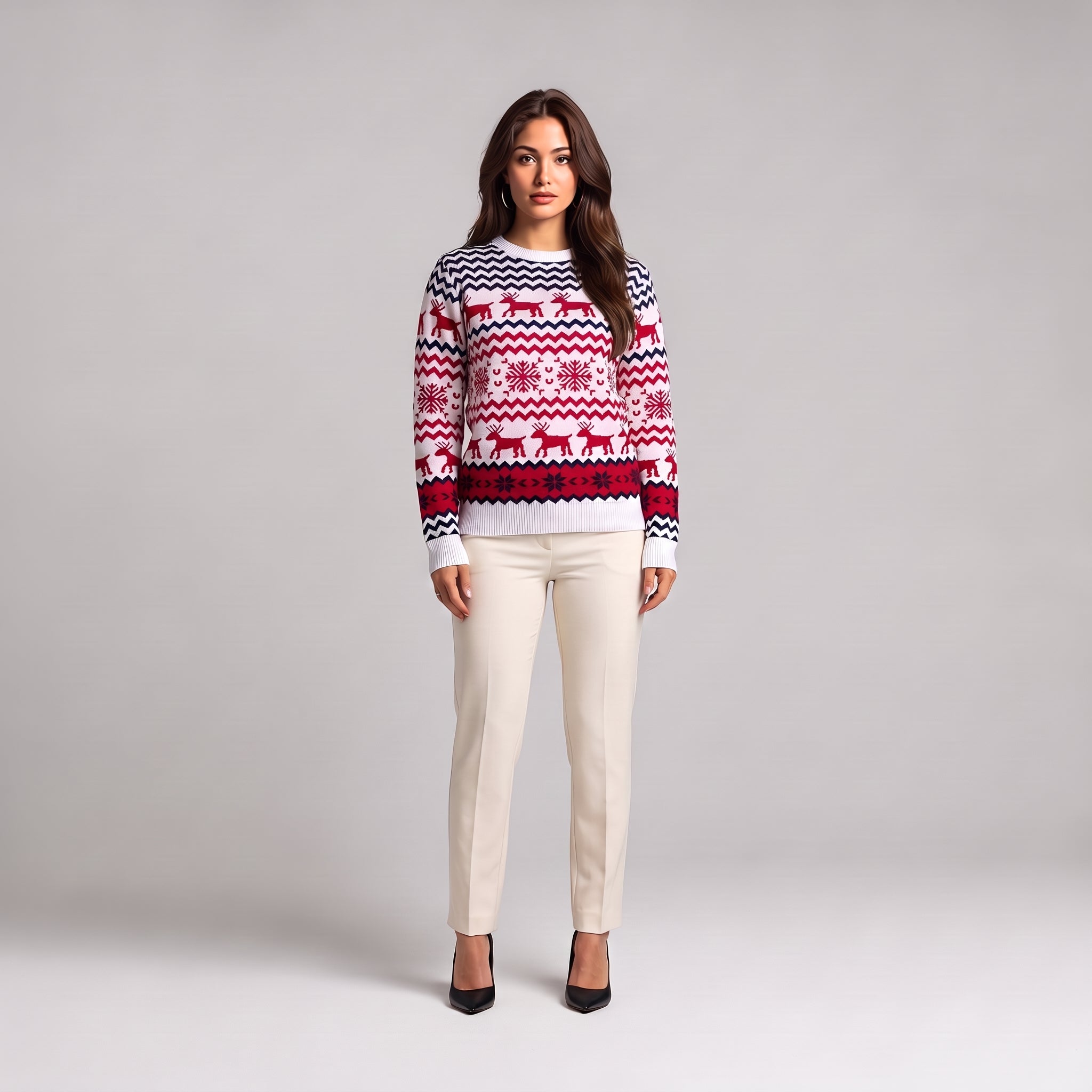 White reindeer Christmas jumper with crew neck, front view on model