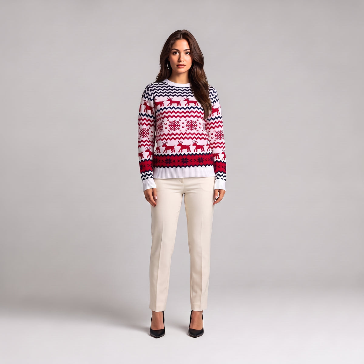 White reindeer Christmas jumper with crew neck, front view on model