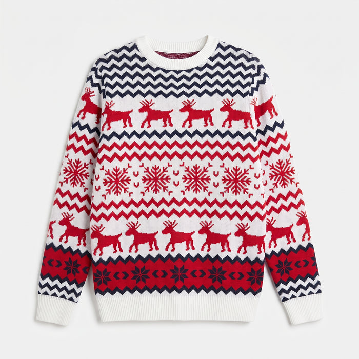 White reindeer Christmas jumper laid flat, full pattern and ribbed hem