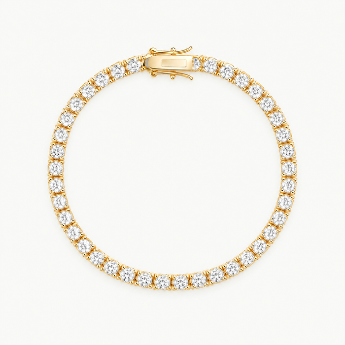 Gold plated 3mm tennis bracelet laid flat in a circle