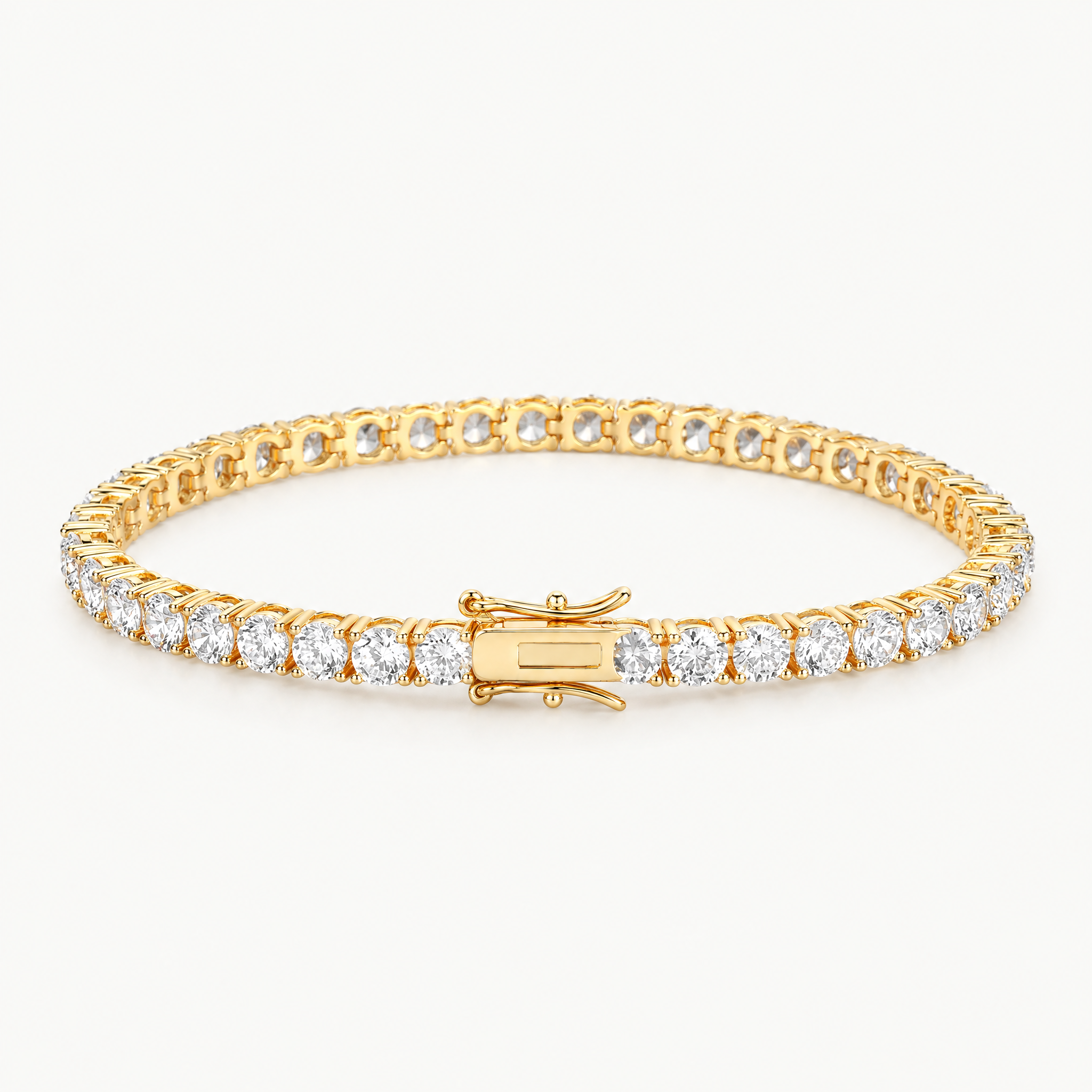 Gold plated 3mm tennis bracelet, angled view