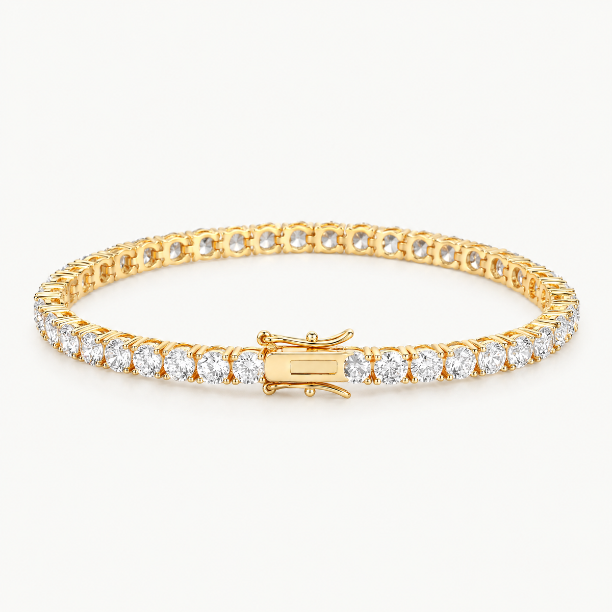 Gold plated 3mm tennis bracelet, angled view