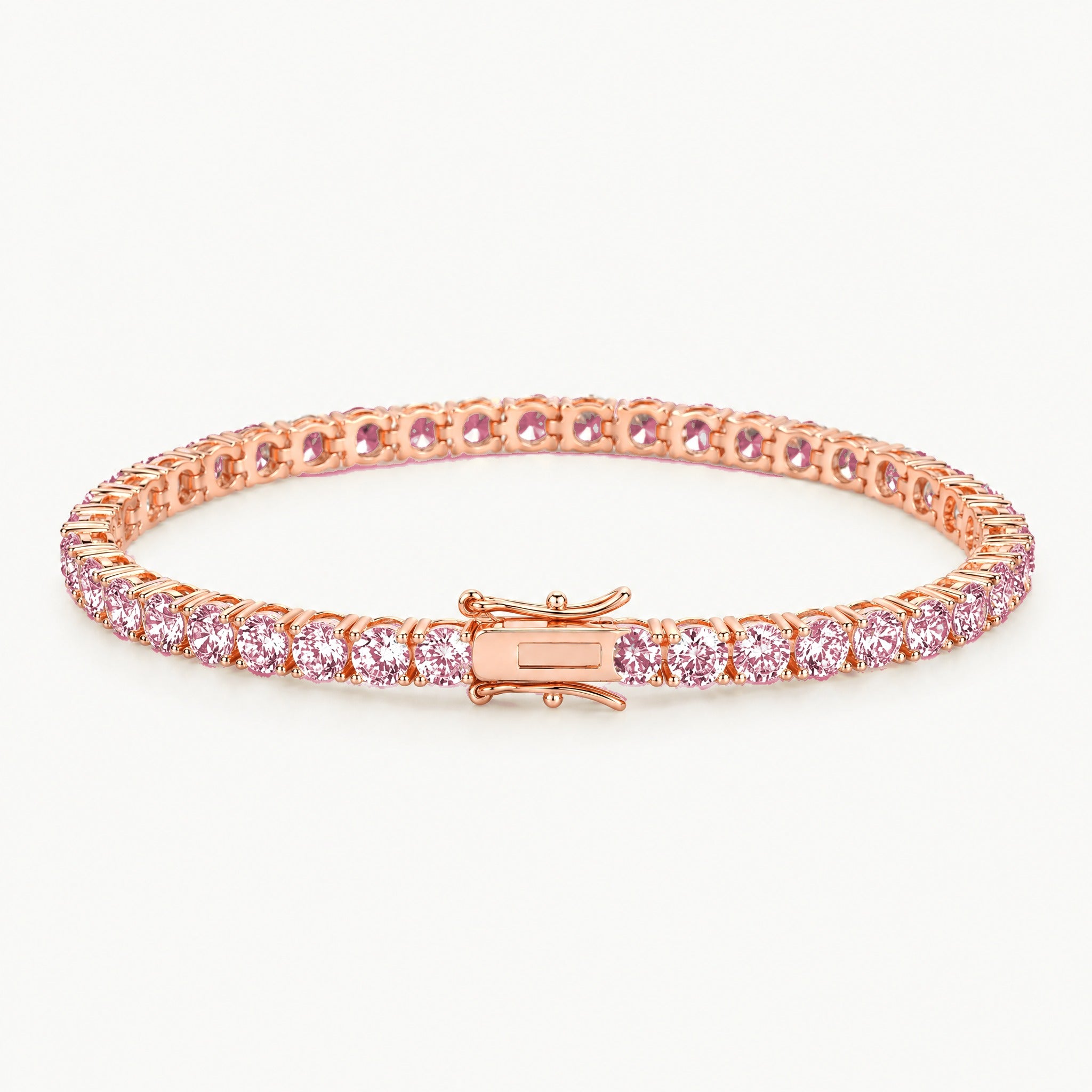 Rose gold plated 3mm tennis bracelet with pink stones, angled view