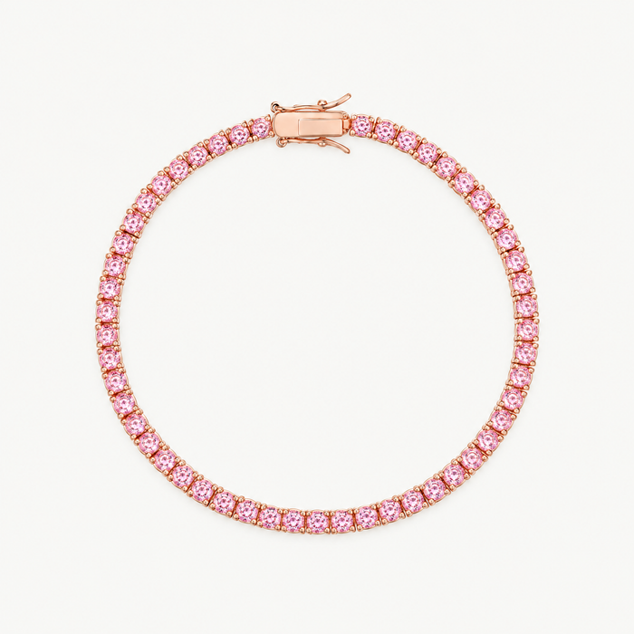 Rose gold plated 3mm tennis bracelet laid flat in a circle