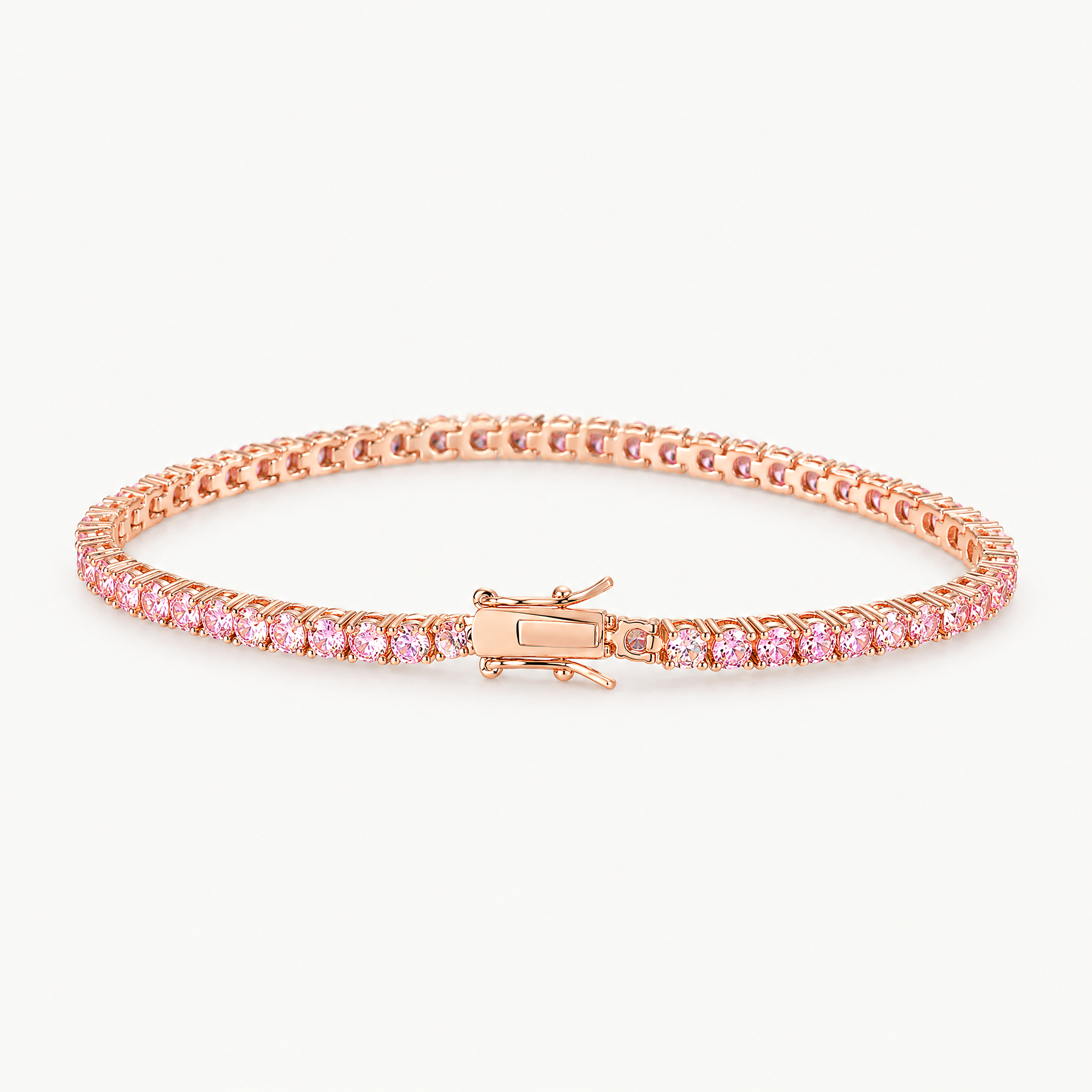 Rose gold plated 3mm tennis bracelet, angled view