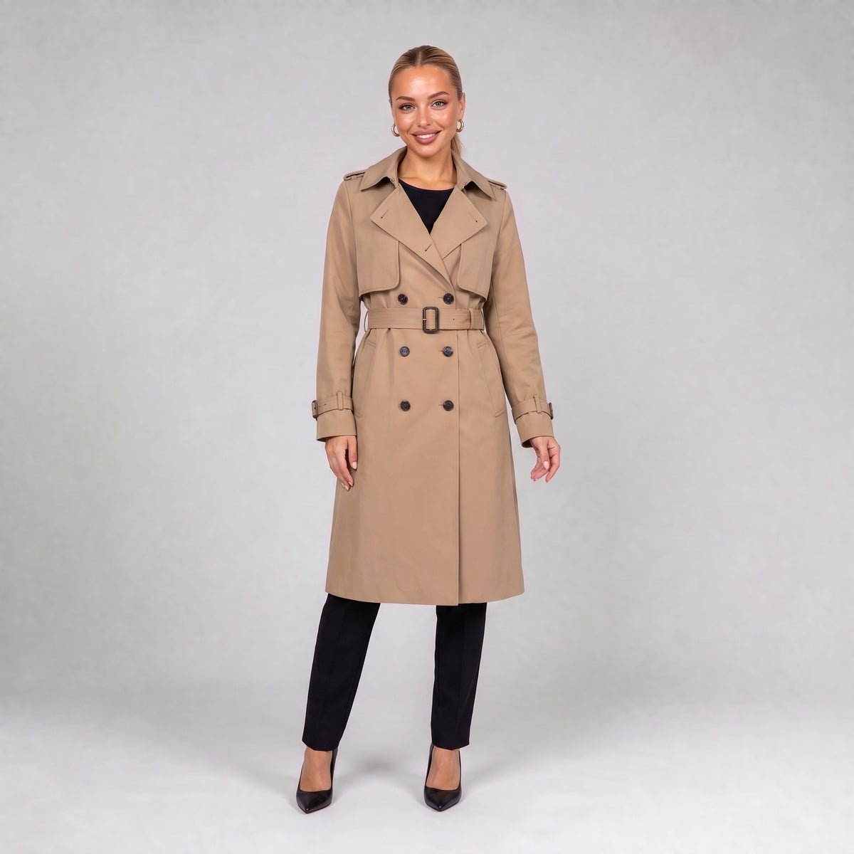 Khaki double breasted trench coat with belt, front view on model