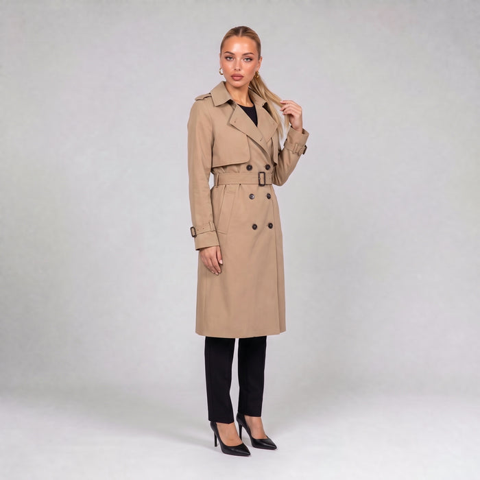 Khaki double breasted trench coat with belt, three quarter view on model