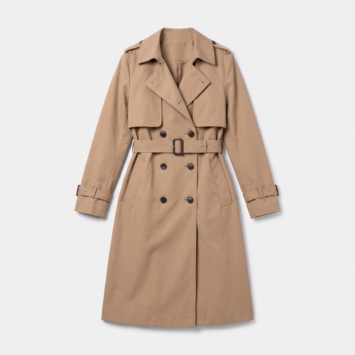 Khaki double breasted trench coat with belt laid flat, product shot