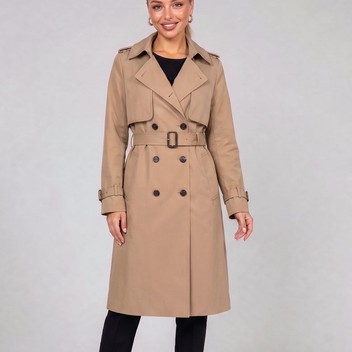 Khaki double breasted trench coat with belt, front view on model