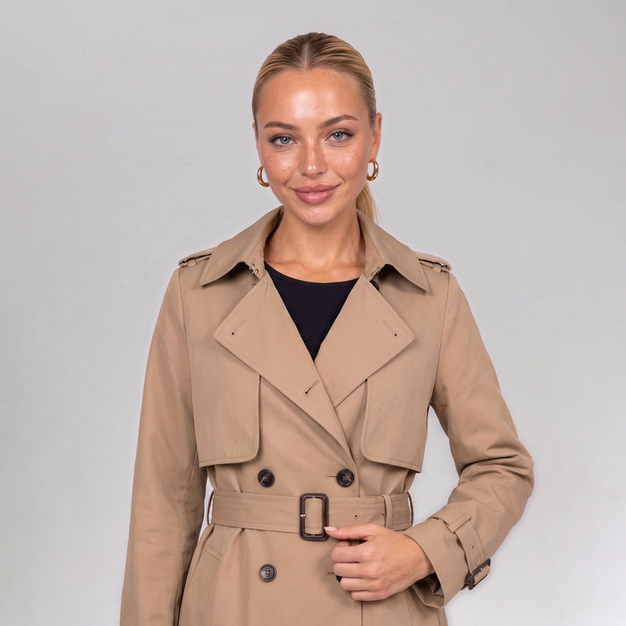 Close up of the khaki double breasted trench coat with belt