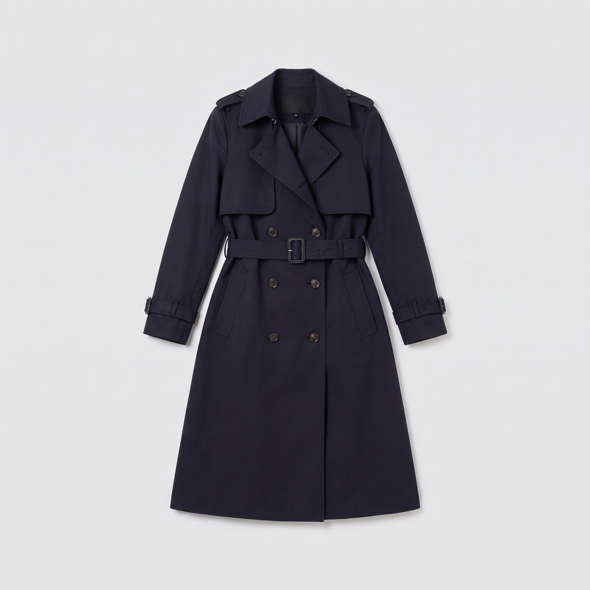 Navy double breasted trench coat with belt laid flat, product shot