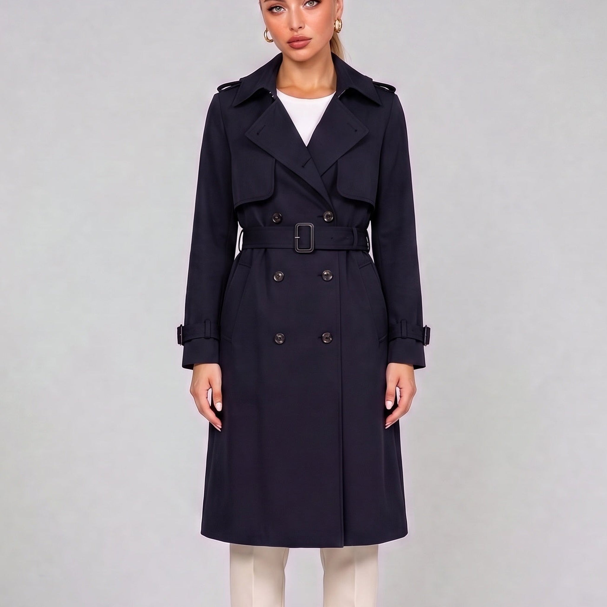 Navy double breasted trench coat with belt, front view on model