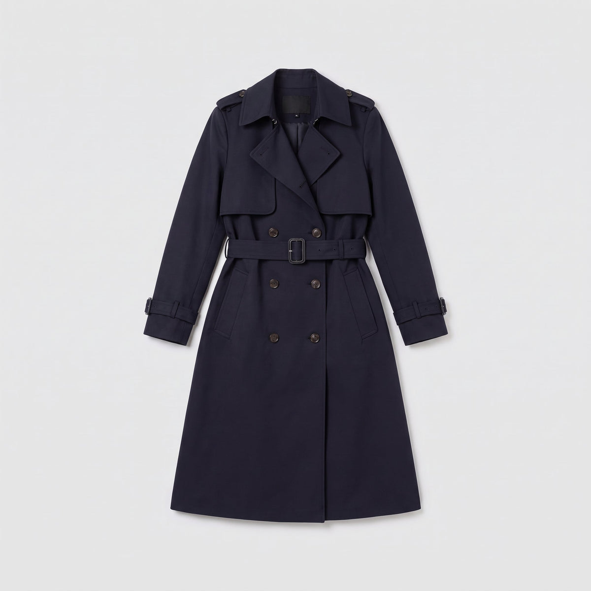 Navy double breasted trench coat with belt laid flat, product shot