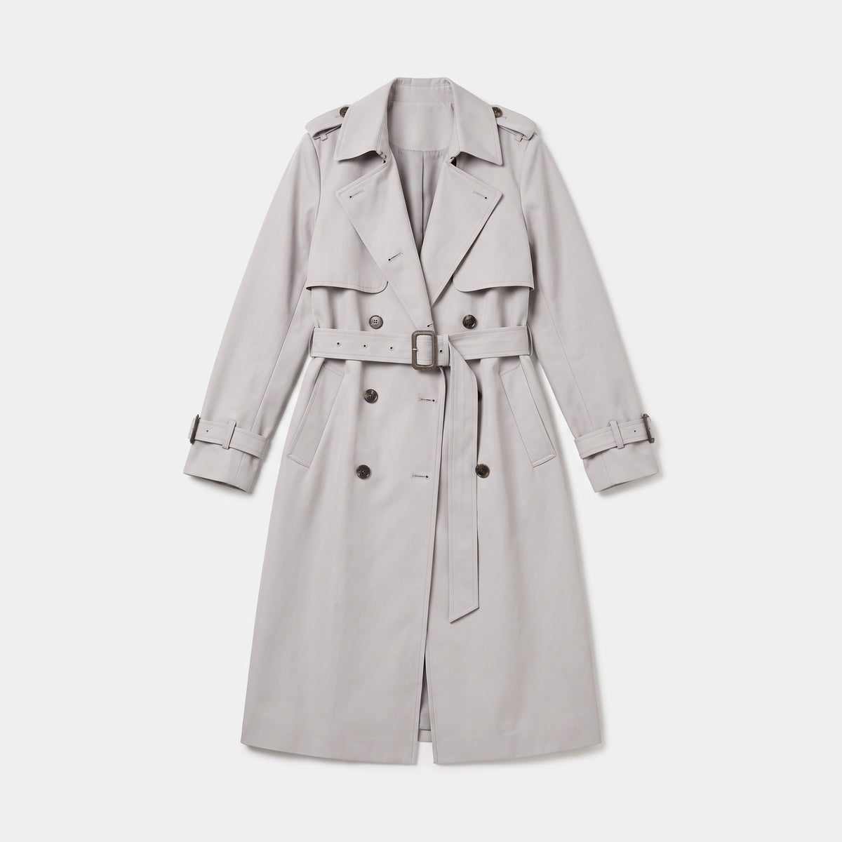 Off white double breasted trench coat with belt laid flat, product shot