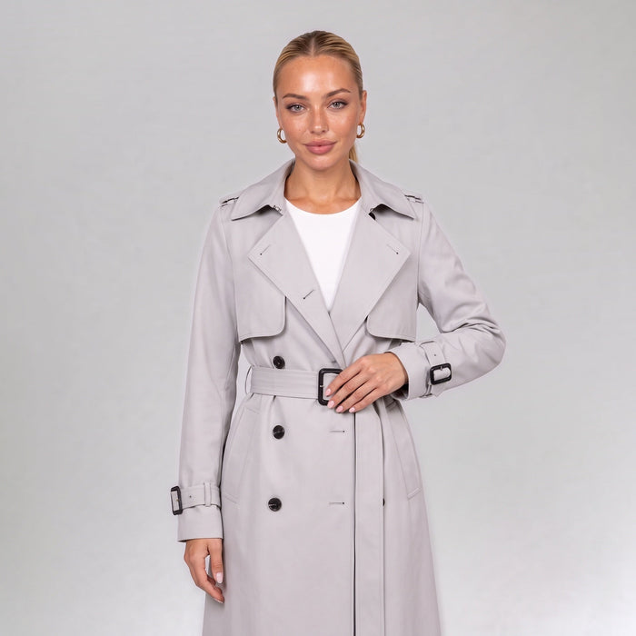 Close up of the off white double breasted trench coat with belt