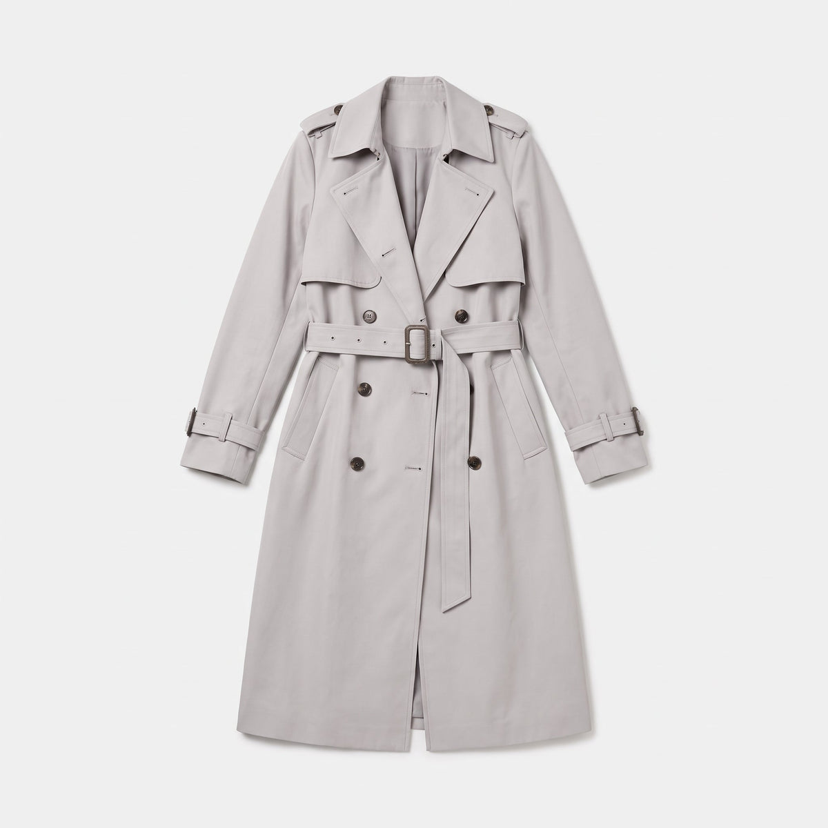 Off white double breasted trench coat with belt laid flat, product shot