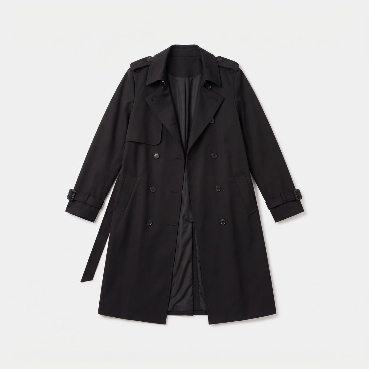 Black double breasted trench coat with belt laid flat, product shot
