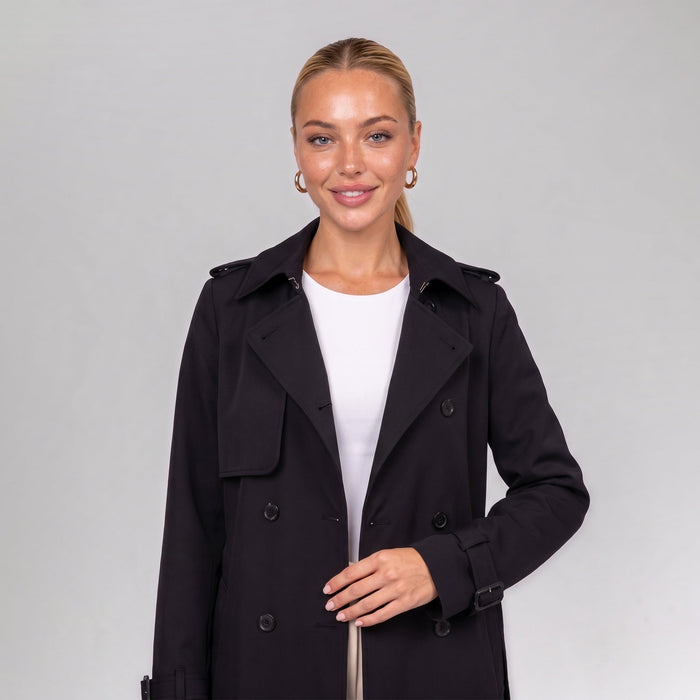 Close up of the black double breasted trench coat with belt
