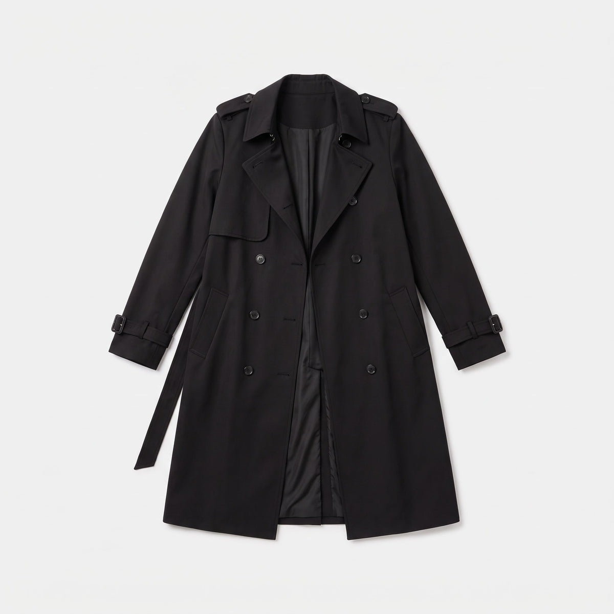 Black double breasted trench coat with belt laid flat, product shot