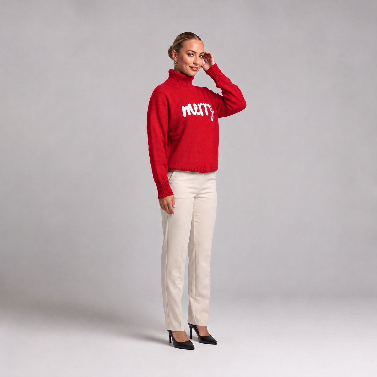 Red merry roll neck Christmas jumper