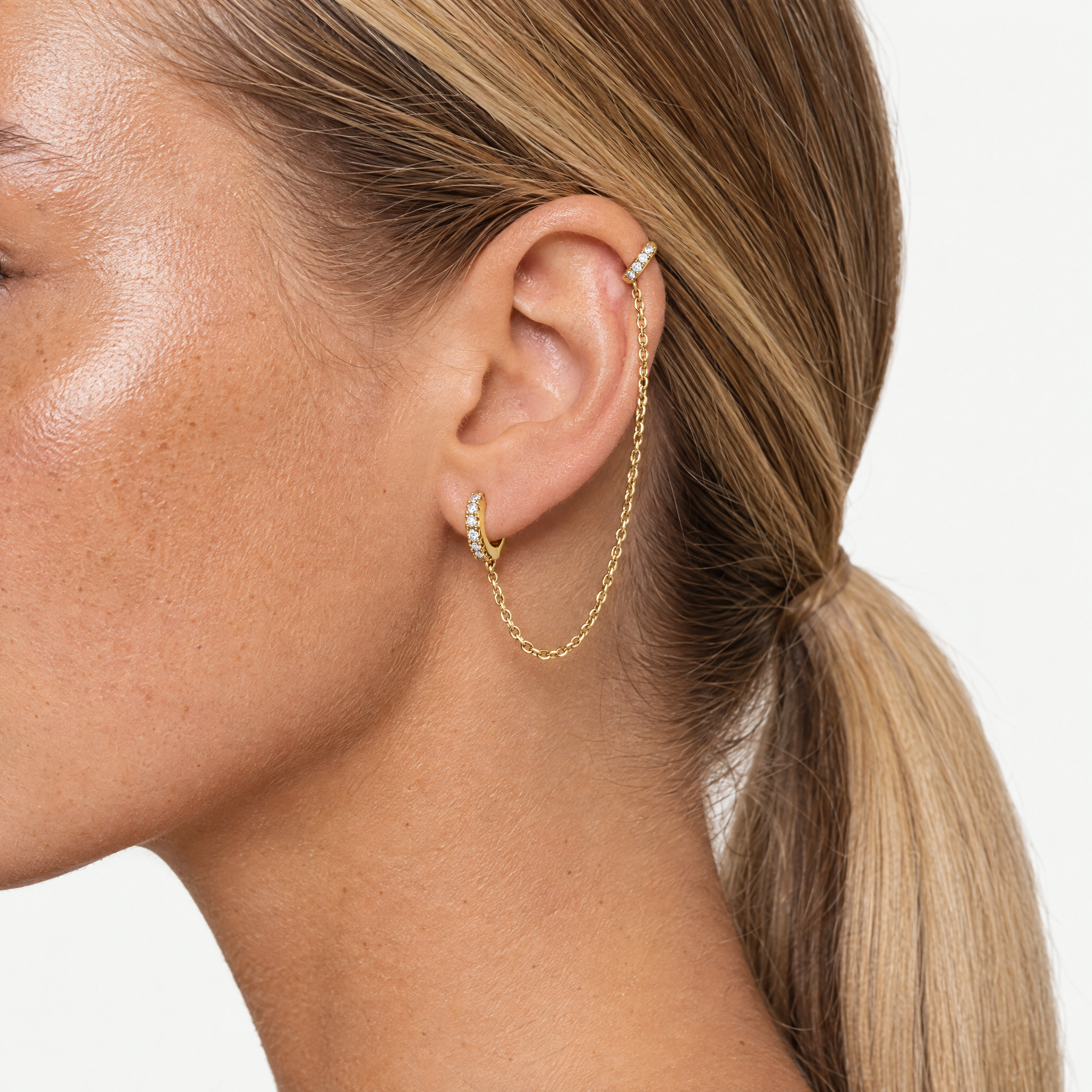 Double huggie chain earring CZ hoops single gold-tone