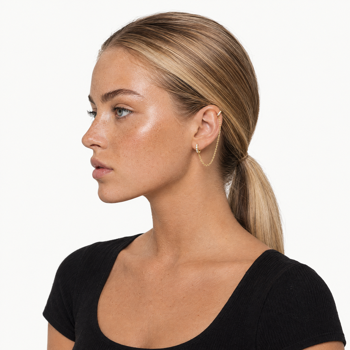 Double huggie chain earring CZ hoops single gold-tone