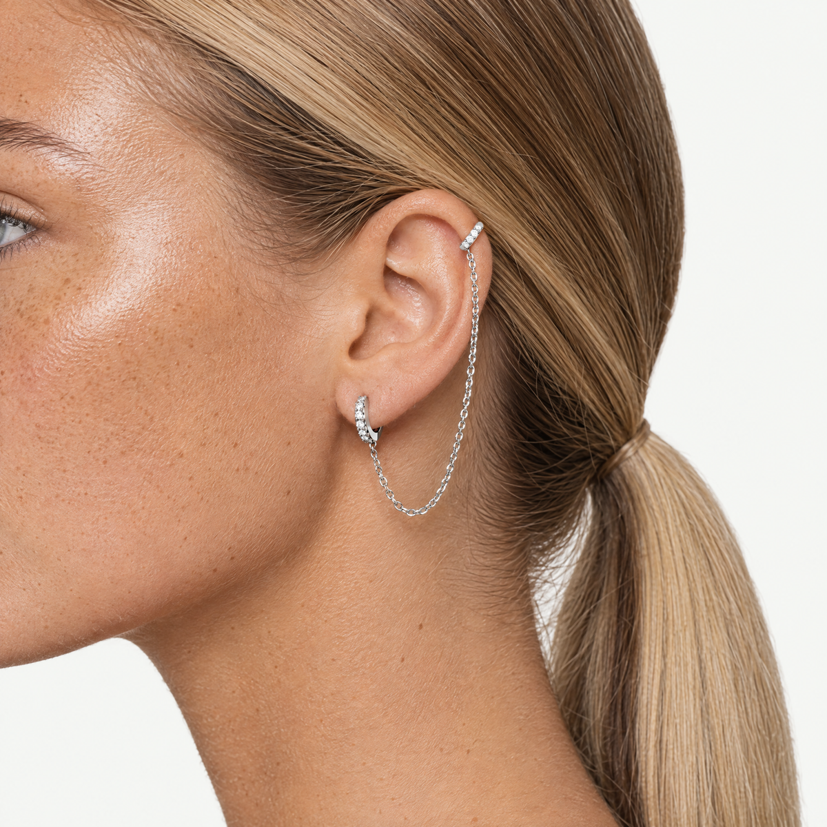 Double huggie chain earring CZ hoops single silver-tone