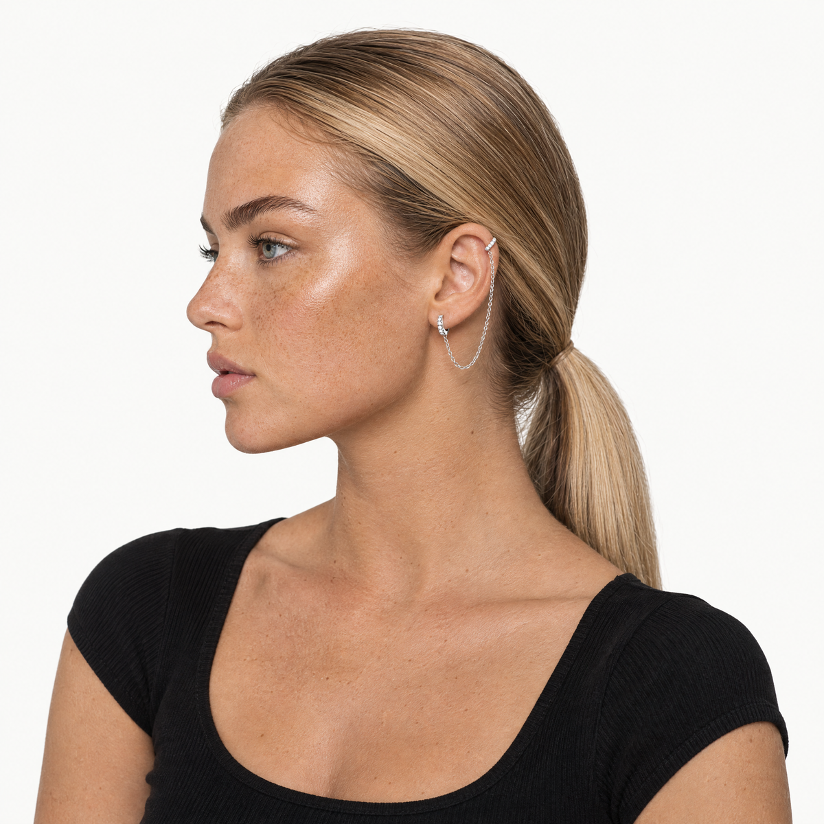 Double huggie chain earring CZ hoops single silver-tone