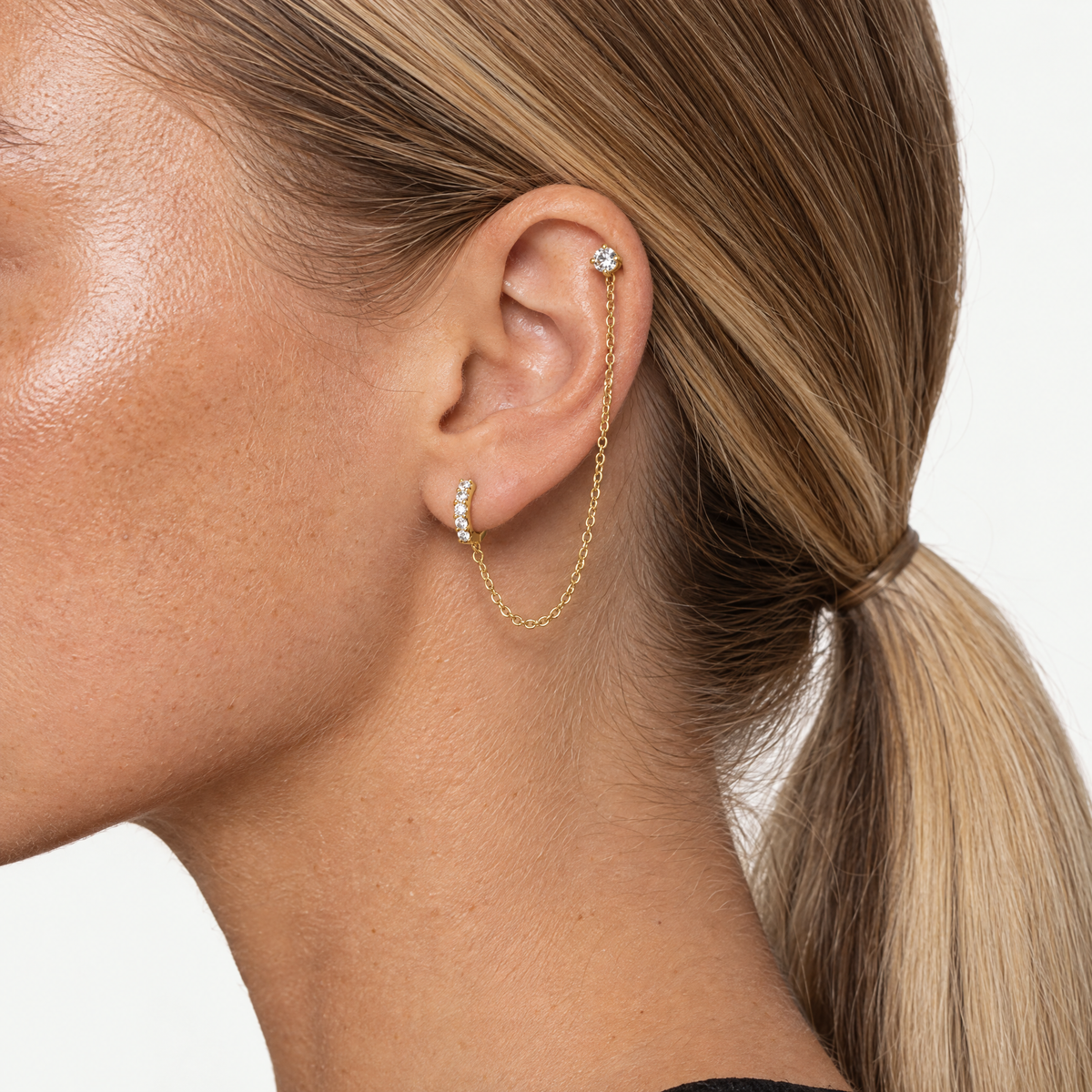 Huggie chain earring CZ cartilage stud single gold-tone