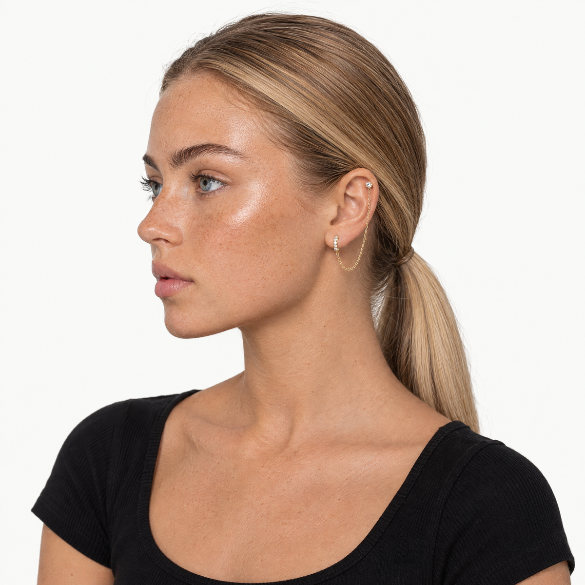 Huggie chain earring CZ cartilage stud single gold-tone