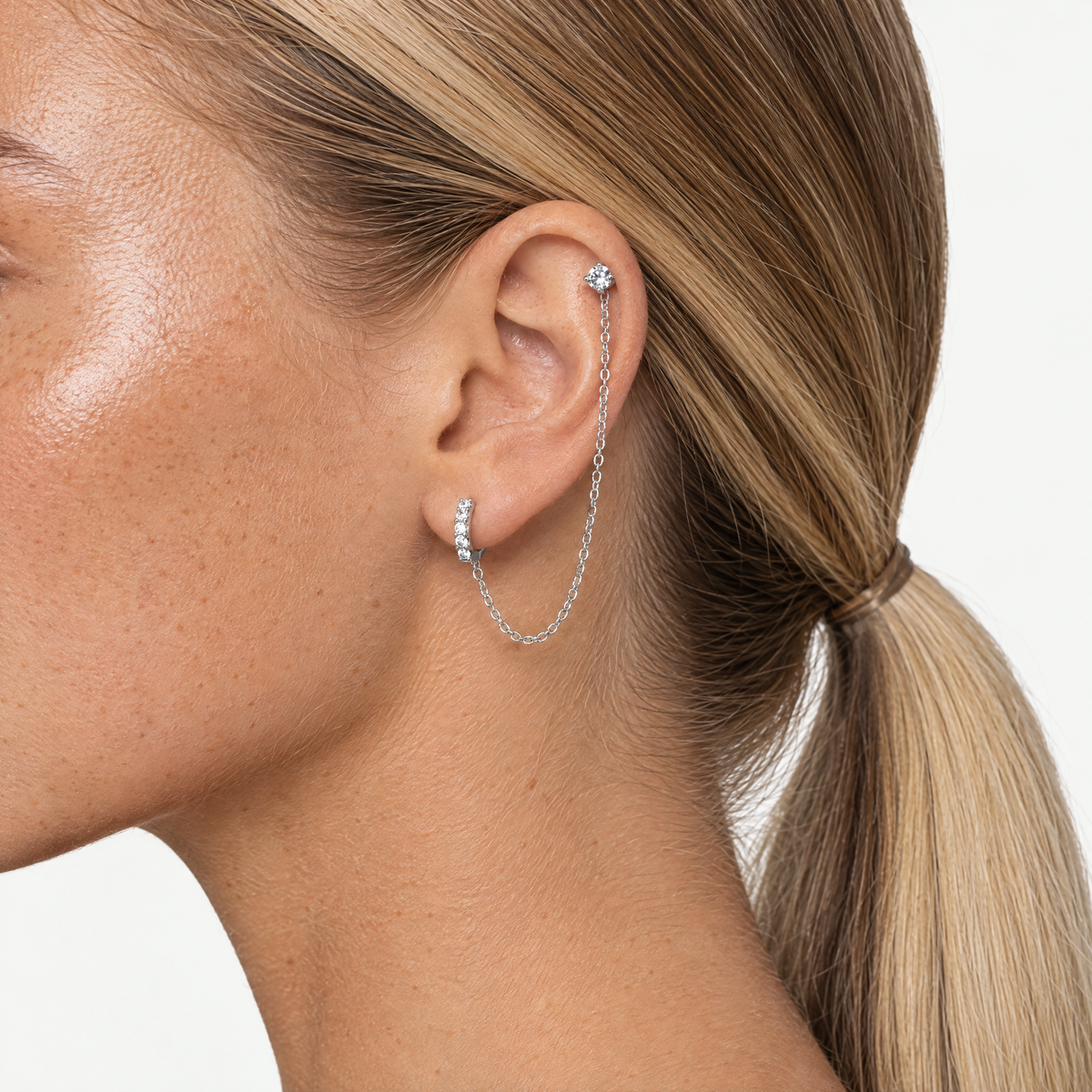 Huggie chain earring CZ cartilage stud single silver-tone