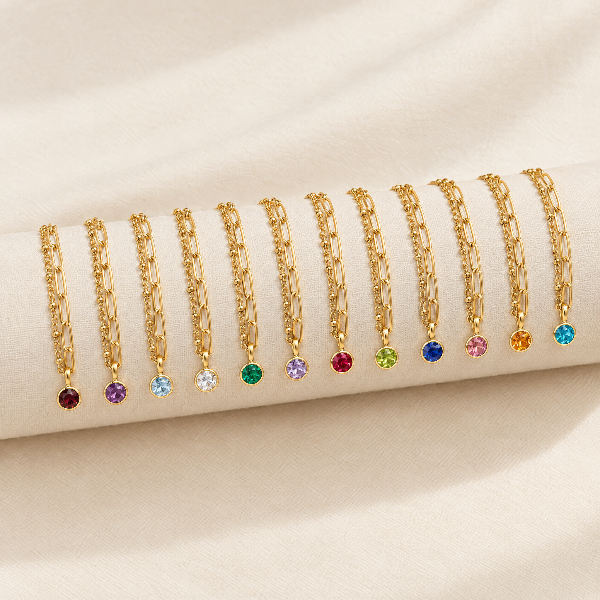 Twelve layered paperclip birthstone bracelets, one for each month